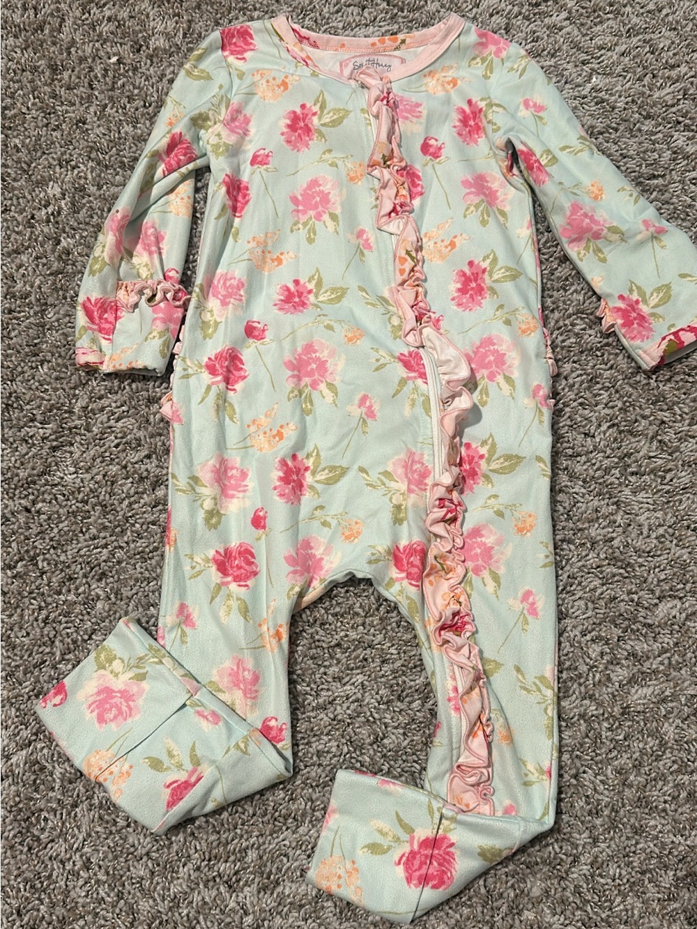 SweetHoney Mint Floral Ruffle Footed One-Piece